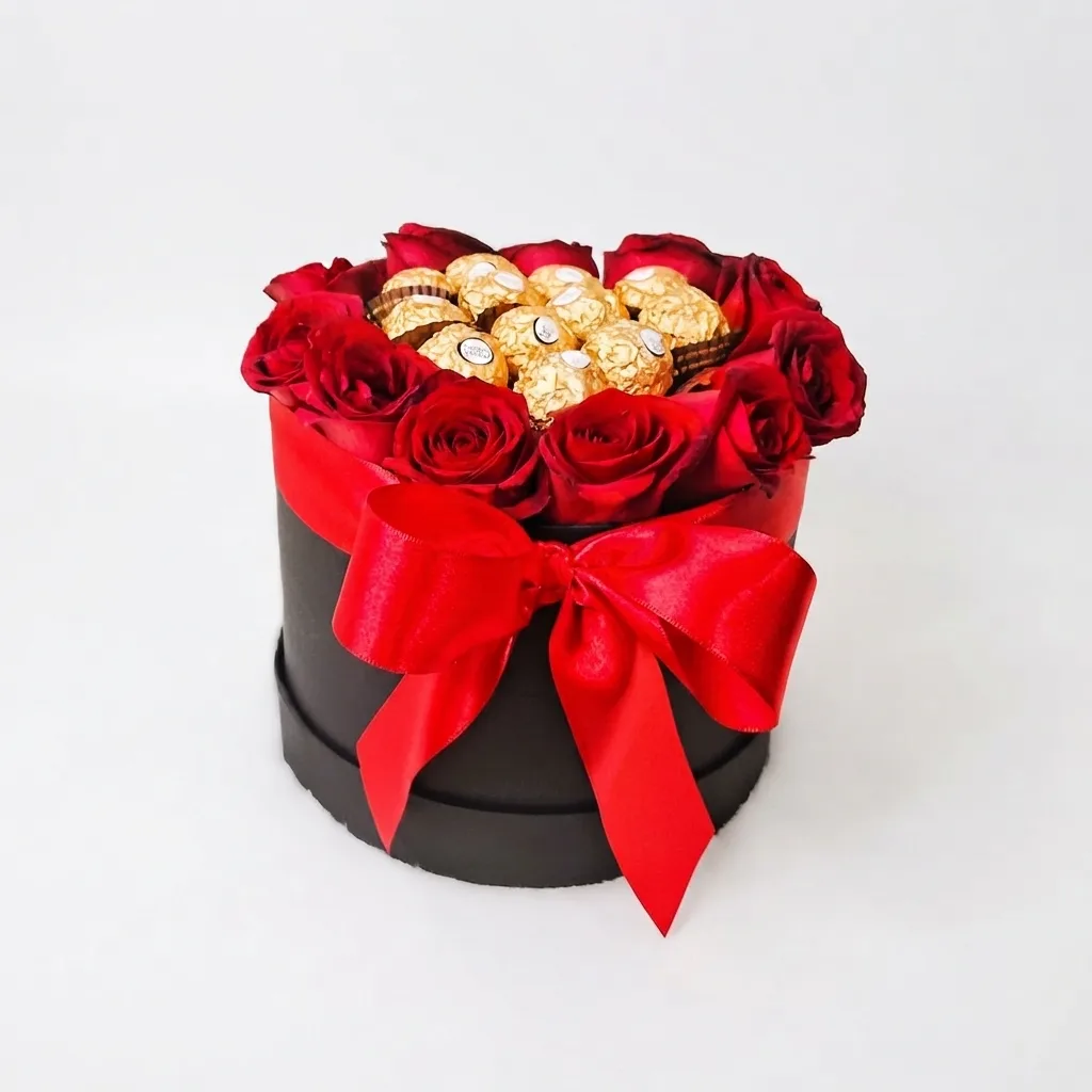 Box Cartonada Romântica com 12 Rosas e 12 Bombons Ferrero Rocher