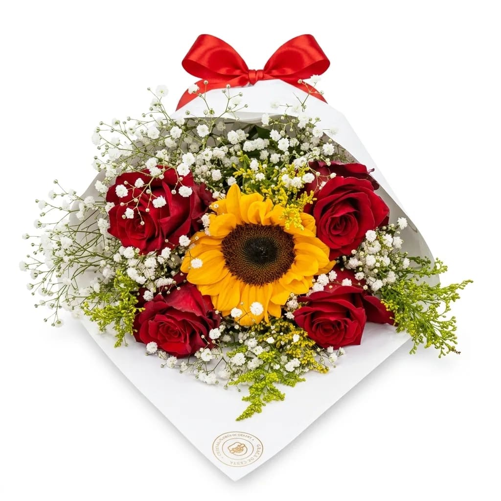 Buquê de 4 Rosas Vermelhas e 1 Girassol